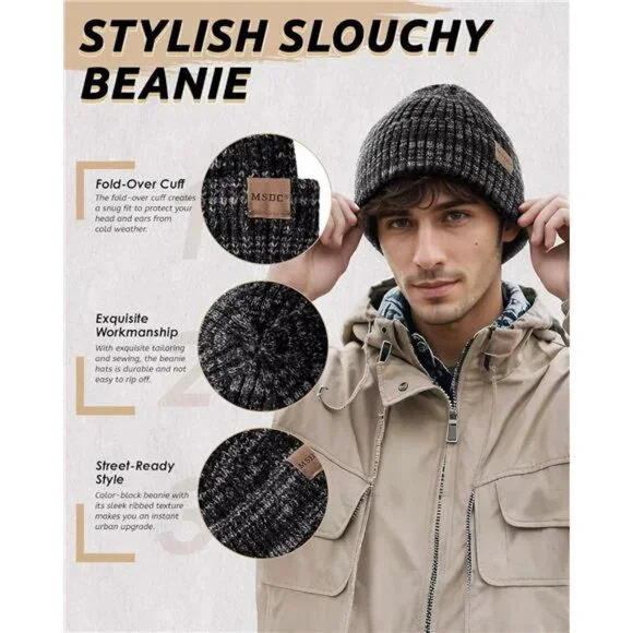 3 Pack Men's Winter Hats Warm Fleece Lined Beanie Skull Cap